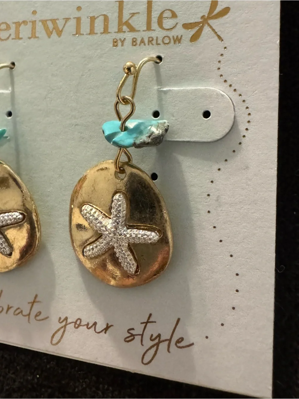 0449-Periwinkle by Barlow Gold Starfish‎ Drop Earrings with Turquoise Accent